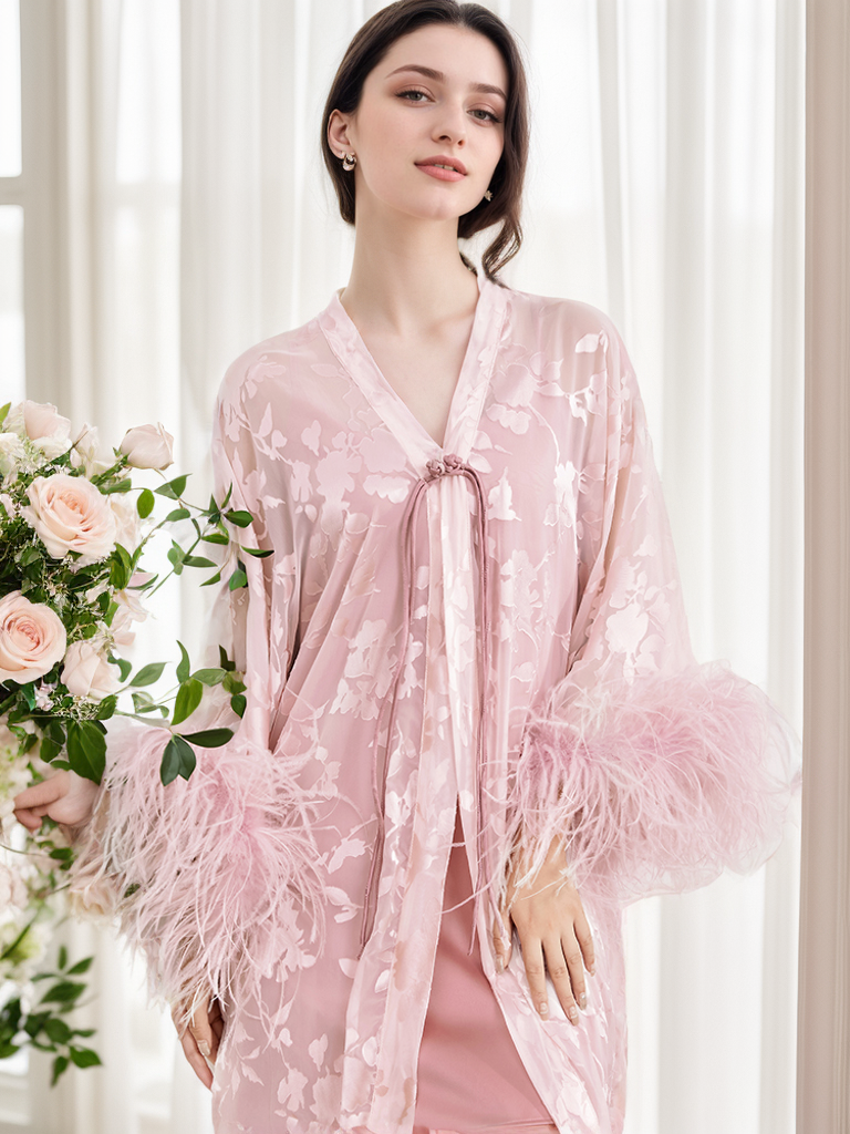 Pink Champagne Sequin & Feather Luxury Robe Set