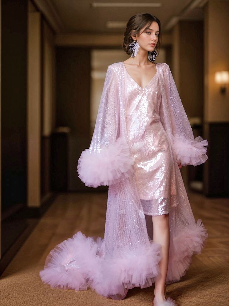 Blushing Stardust Sequin Tulle Luxury Robe Set