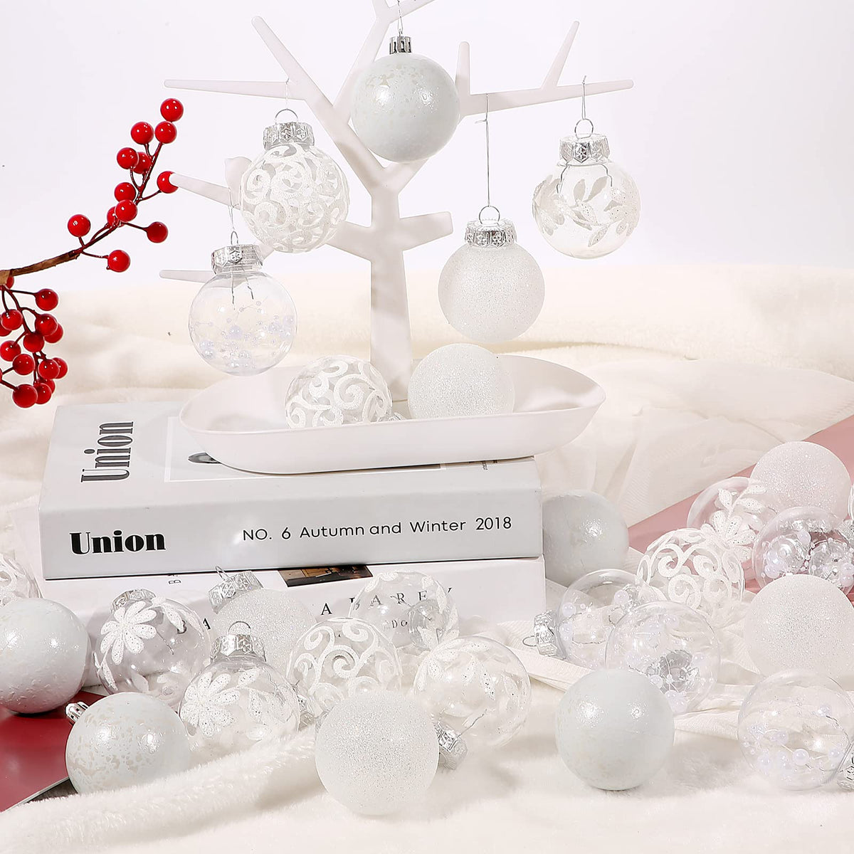 30-Piece Shatterproof White & Clear Christmas Ornament Set