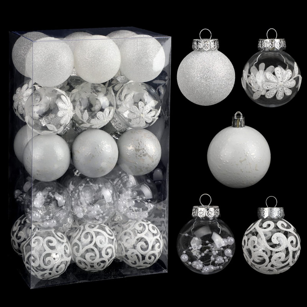 30-Piece Shatterproof White & Clear Christmas Ornament Set
