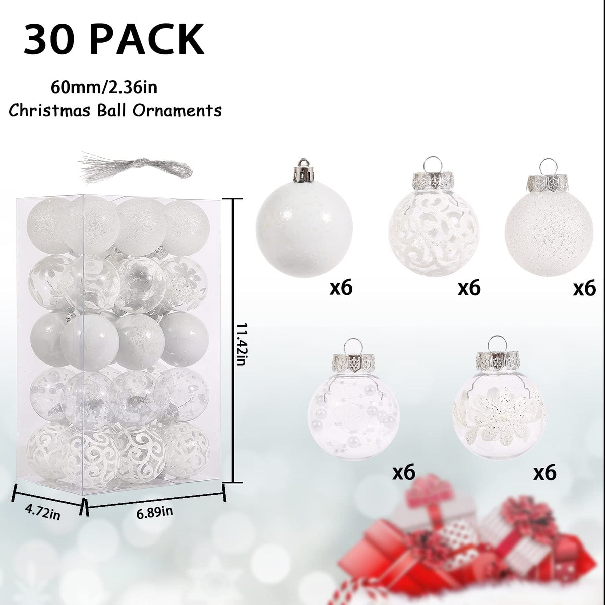 30-Piece Shatterproof White & Clear Christmas Ornament Set