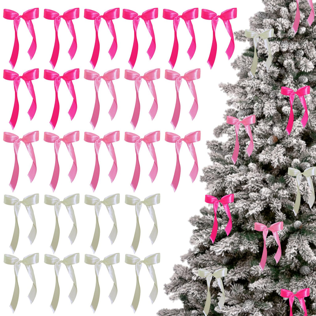 24-Piece Satin Christmas Tree Bow Set – Pink, Beige & White
