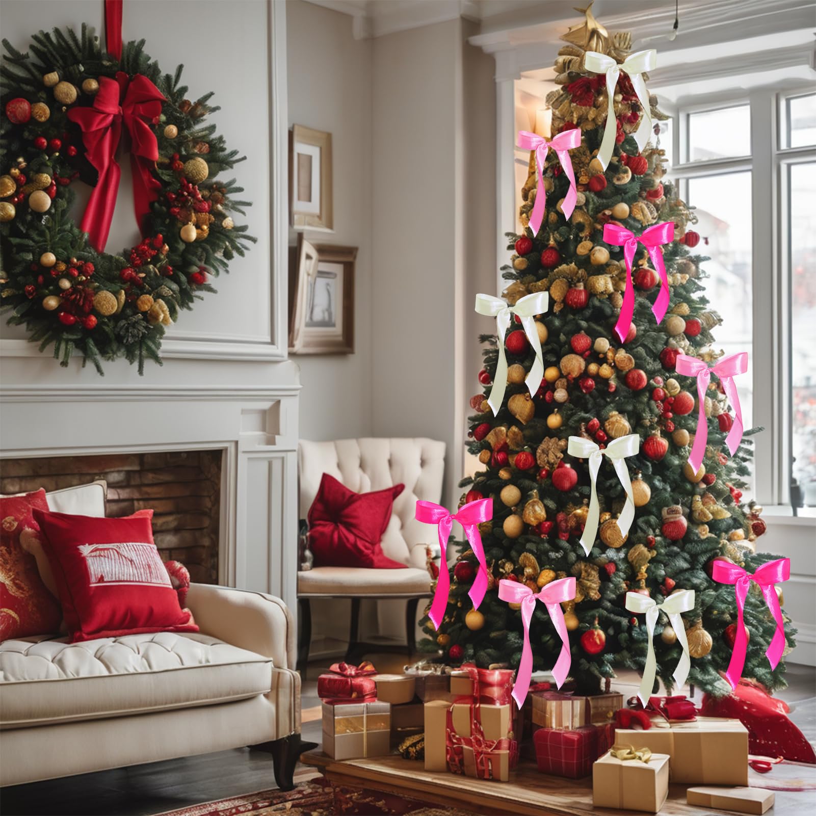24-Piece Satin Christmas Tree Bow Set – Pink, Beige & White