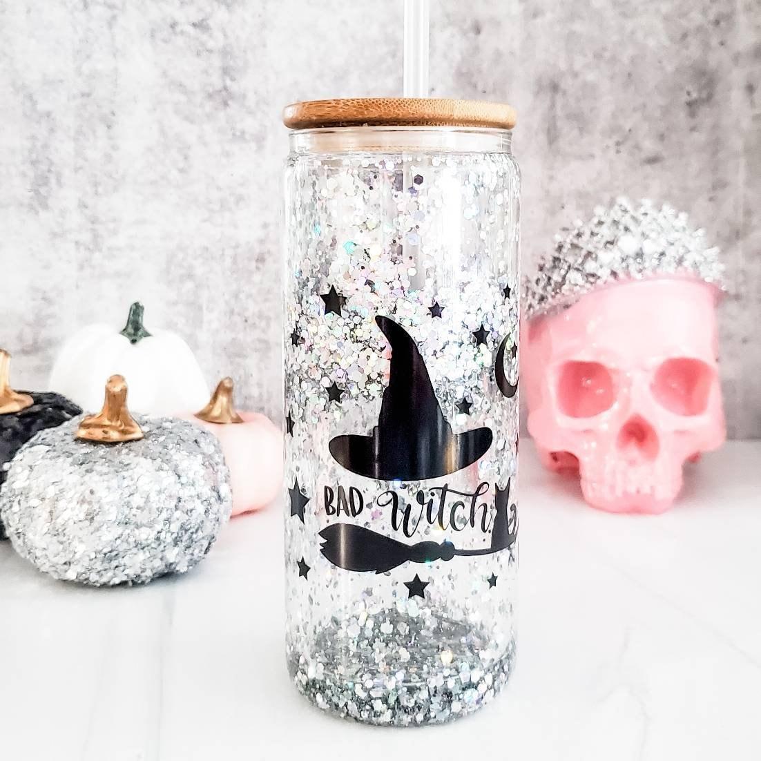 Bad Witch Halloween Glitter Snow Globe Glass Cup