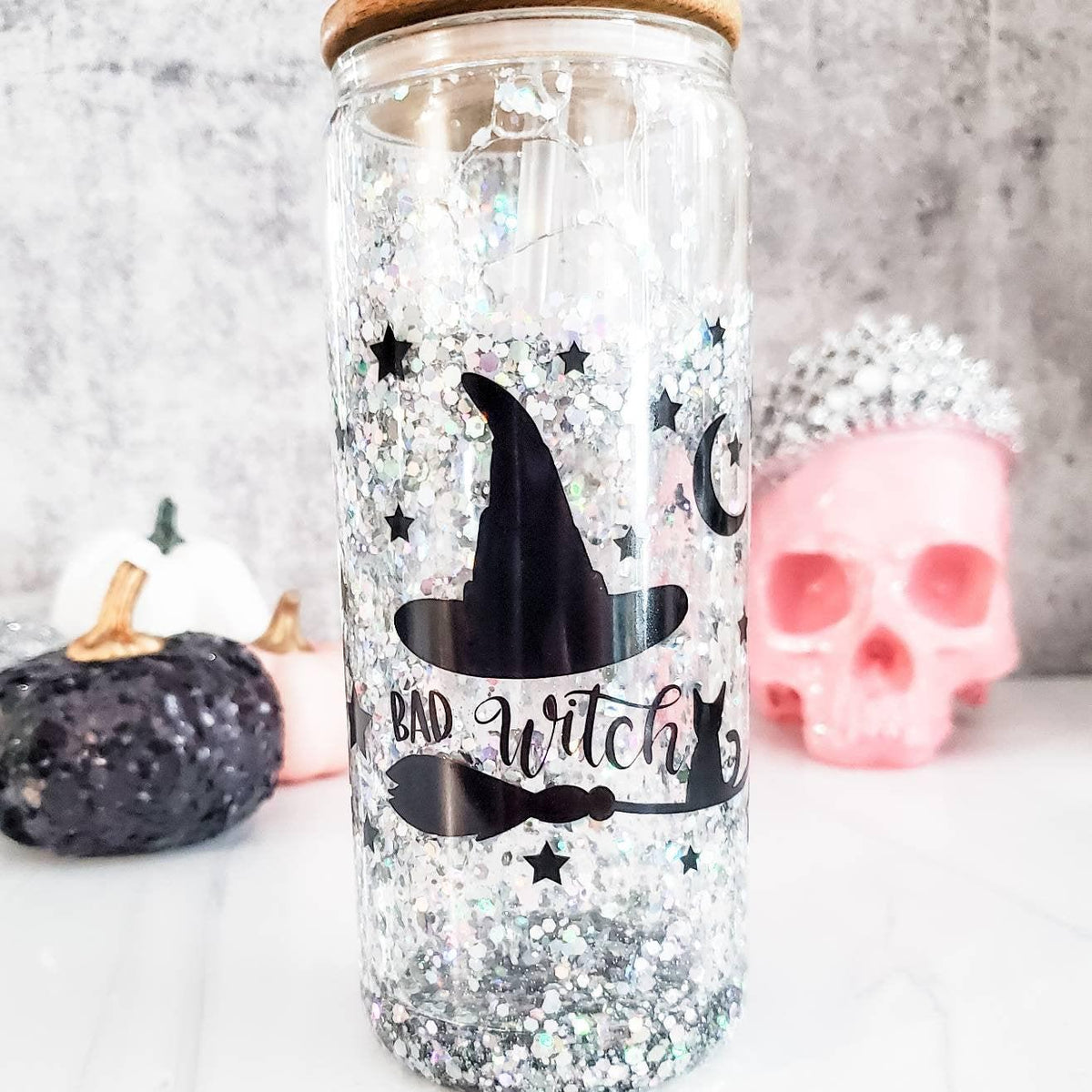 Bad Witch Halloween Glitter Snow Globe Glass Cup