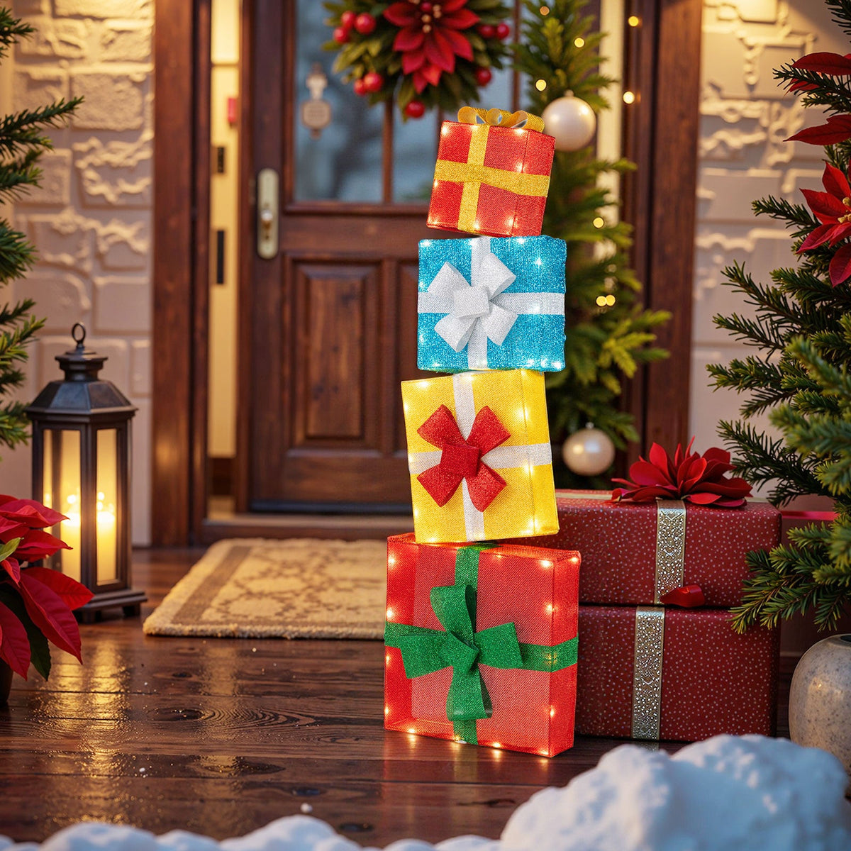 4-Piece Pre-Lit Stacked Christmas Gift Box Display