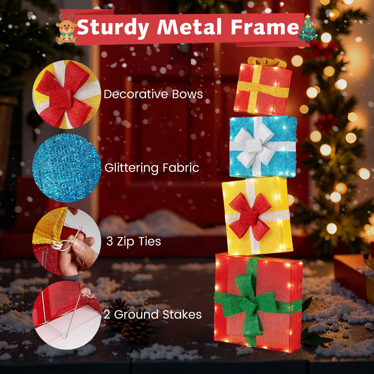 4-Piece Pre-Lit Stacked Christmas Gift Box Display