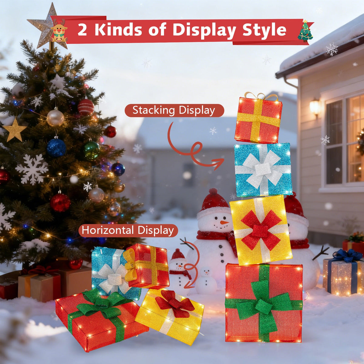 4-Piece Pre-Lit Stacked Christmas Gift Box Display