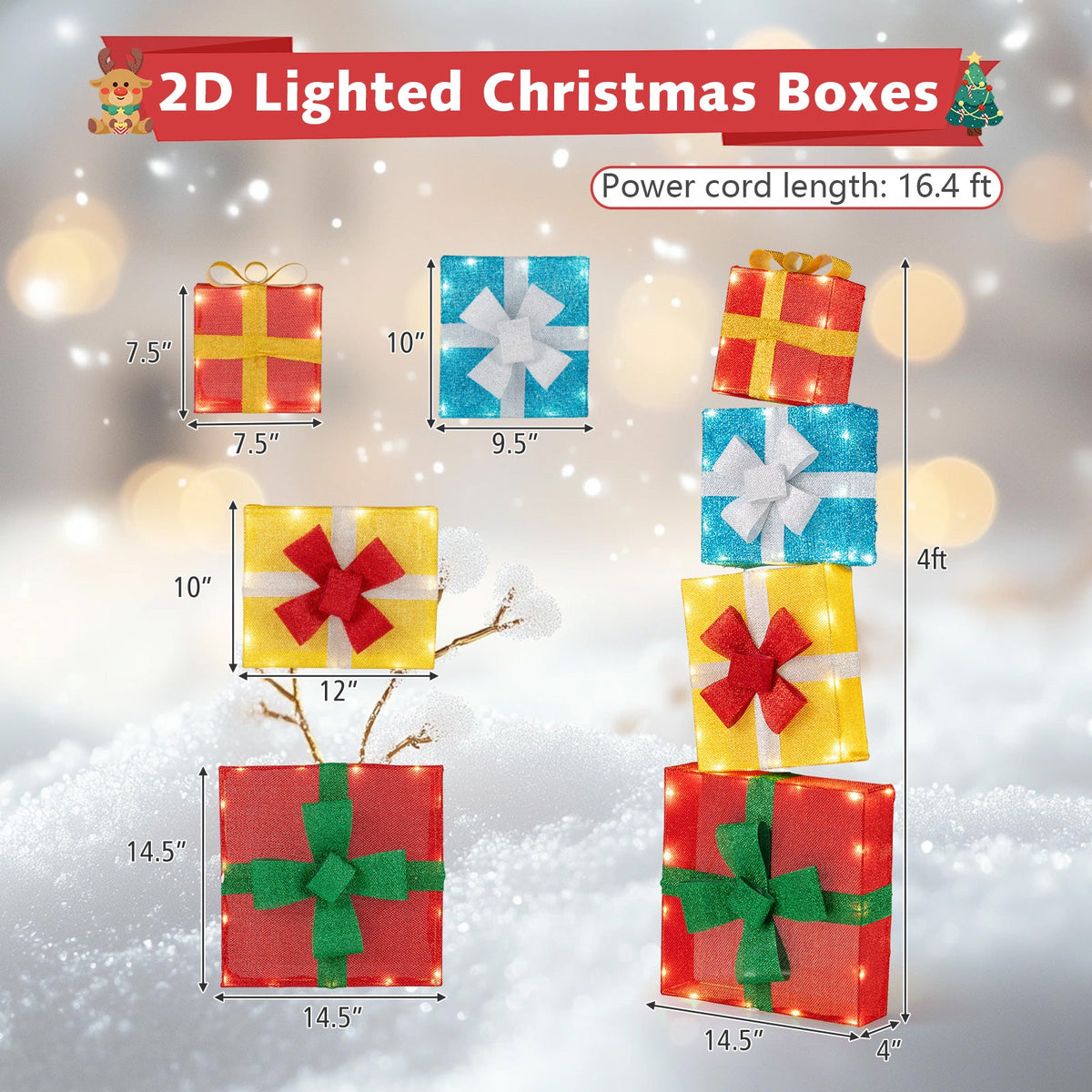 4-Piece Pre-Lit Stacked Christmas Gift Box Display