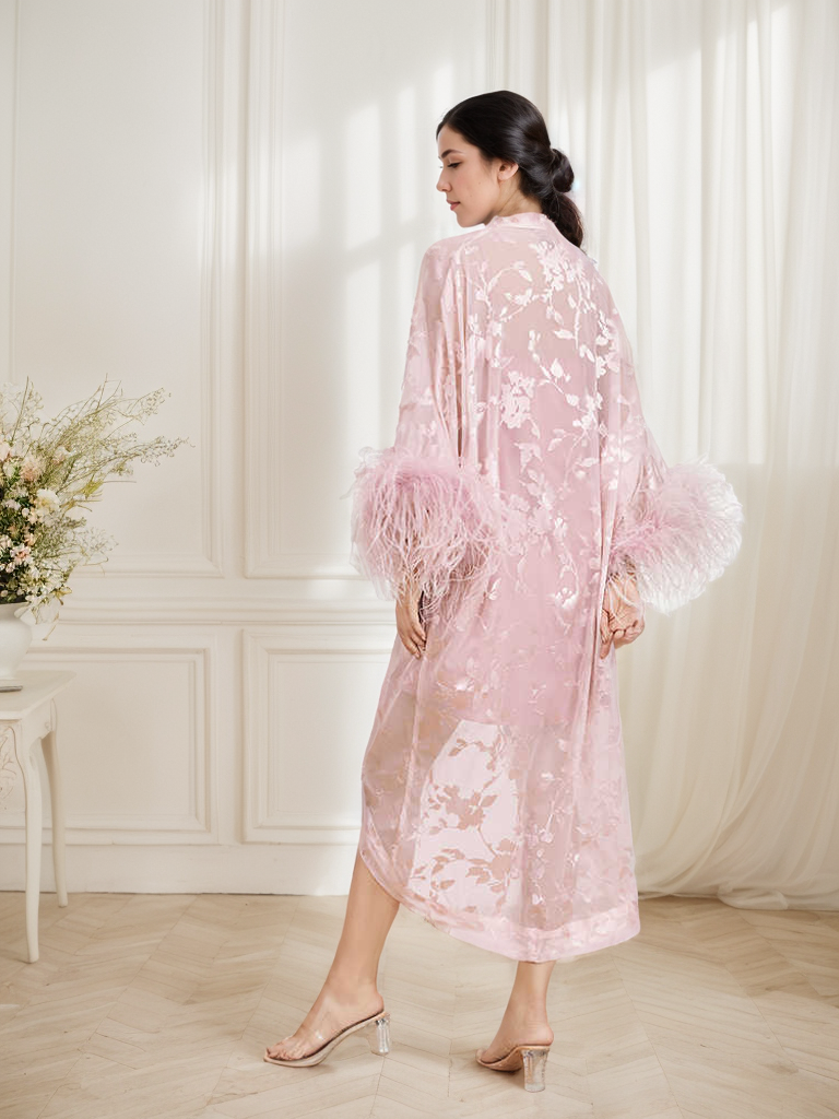Pink Champagne Sequin & Feather Luxury Robe Set