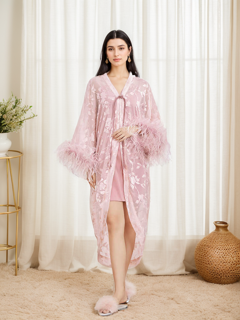 Pink Champagne Sequin & Feather Luxury Robe Set