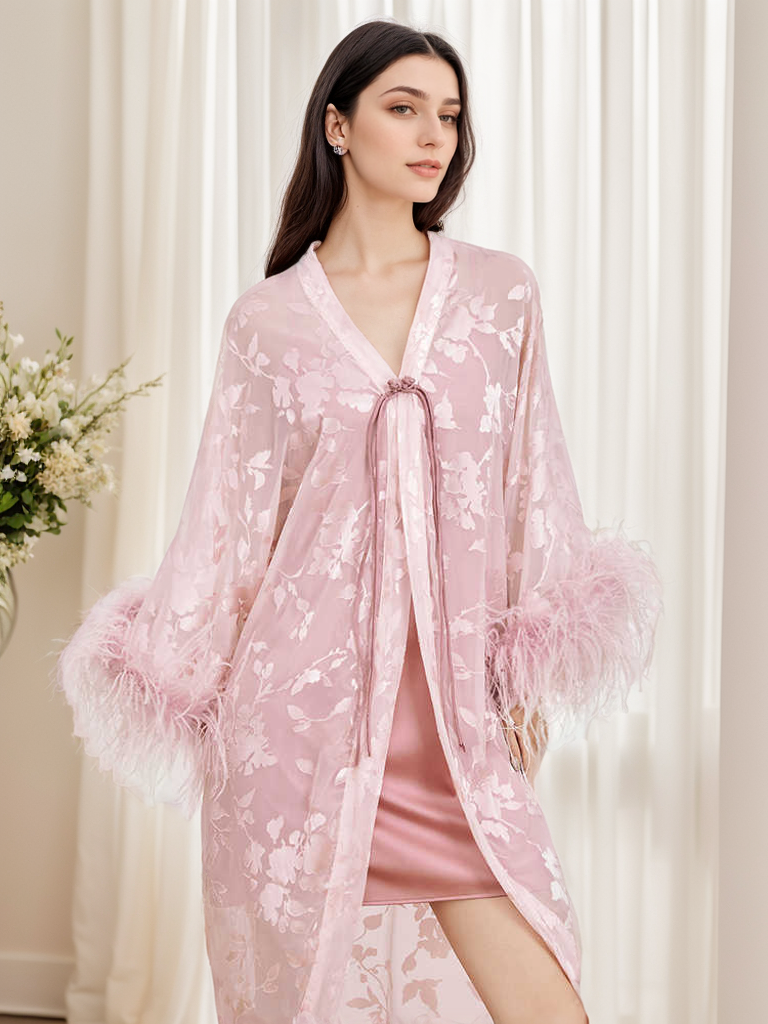 Pink Champagne Sequin & Feather Luxury Robe Set