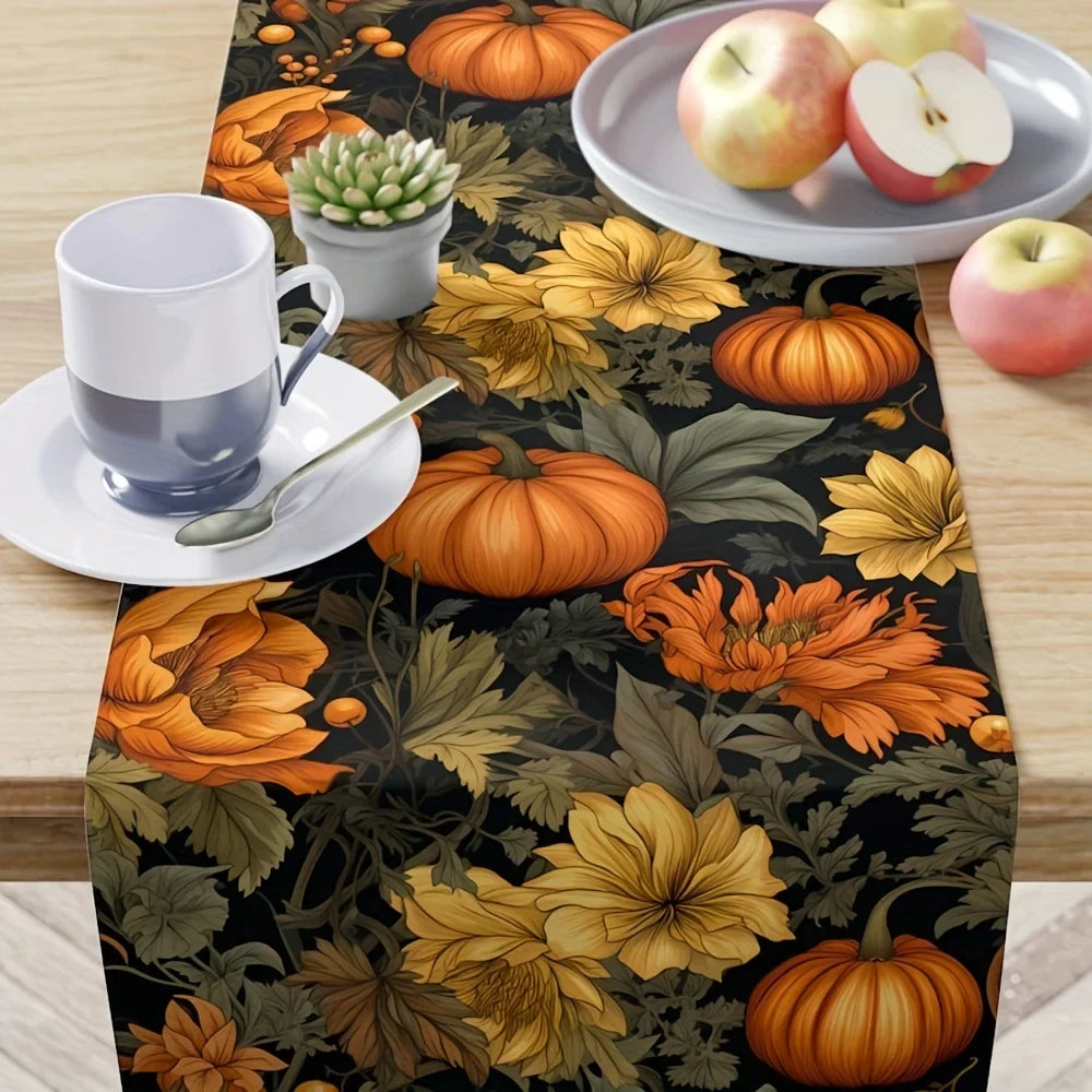 Autumn Harvest Pumpkin & Floral Table Runner – Fall & Thanksgiving Table Décor