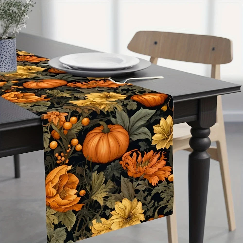 Autumn Harvest Pumpkin & Floral Table Runner – Fall & Thanksgiving Table Décor