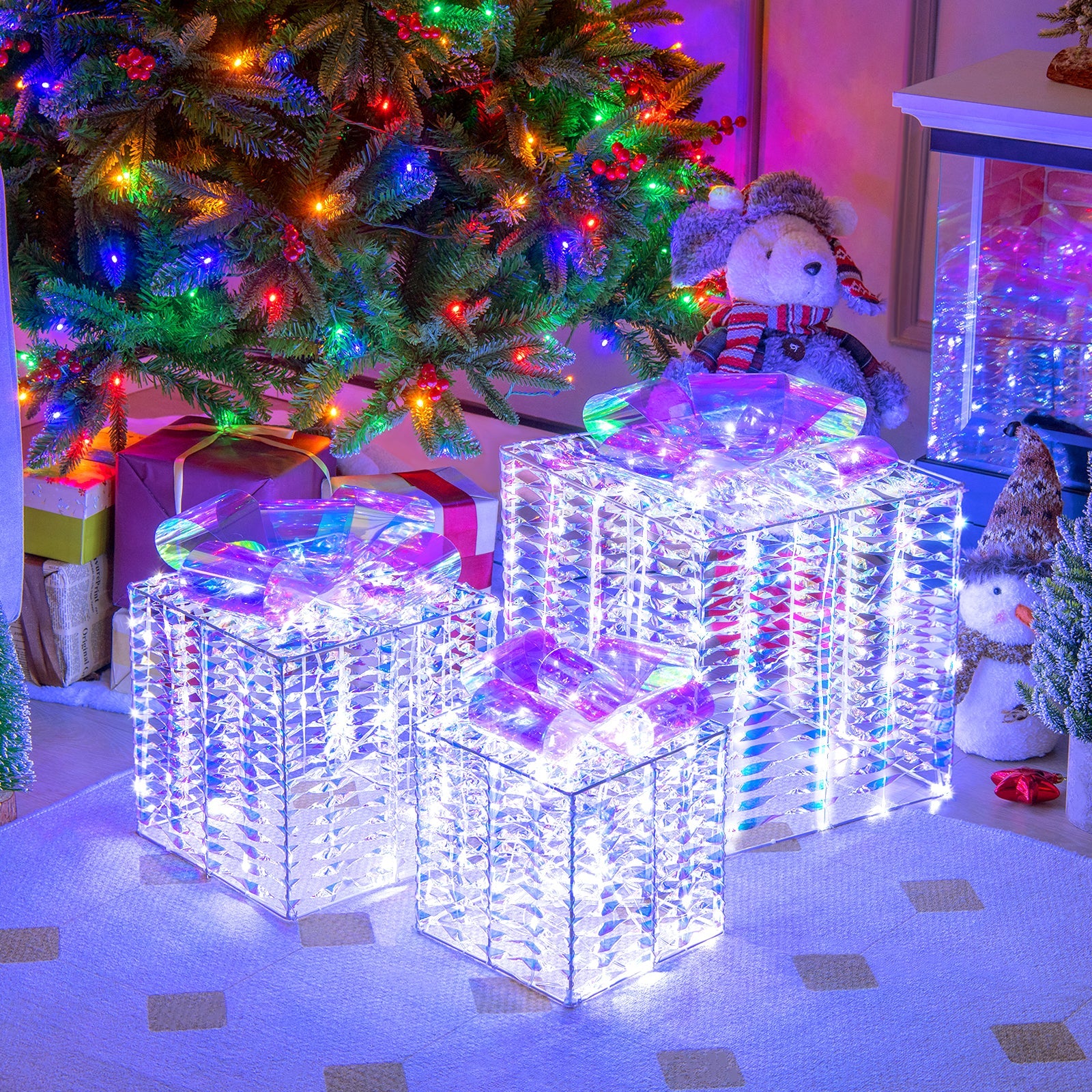 3-Piece Pre-Lit Iridescent Christmas Gift Box Set with 156 LED Lights