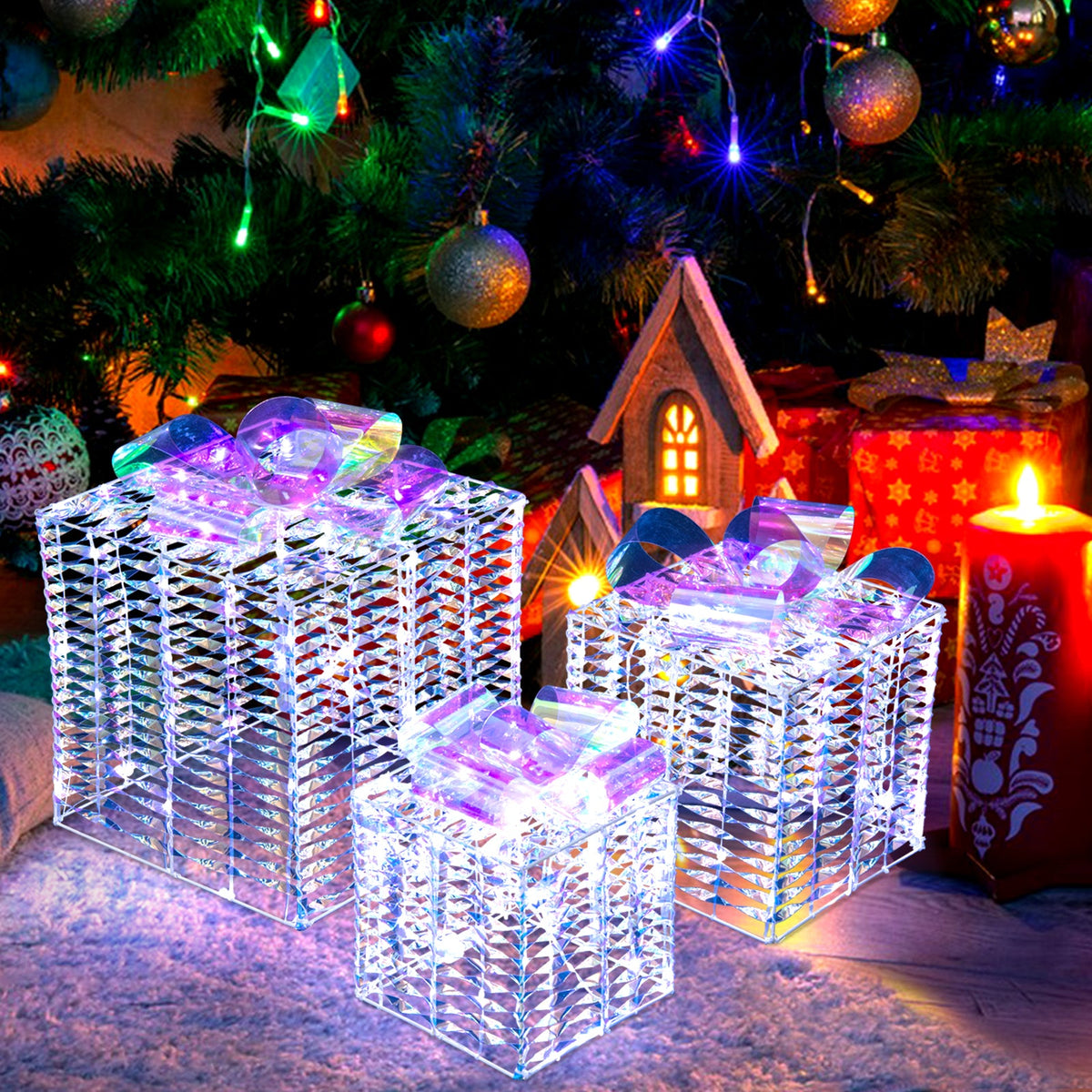 3-Piece Pre-Lit Iridescent Christmas Gift Box Set with 156 LED Lights