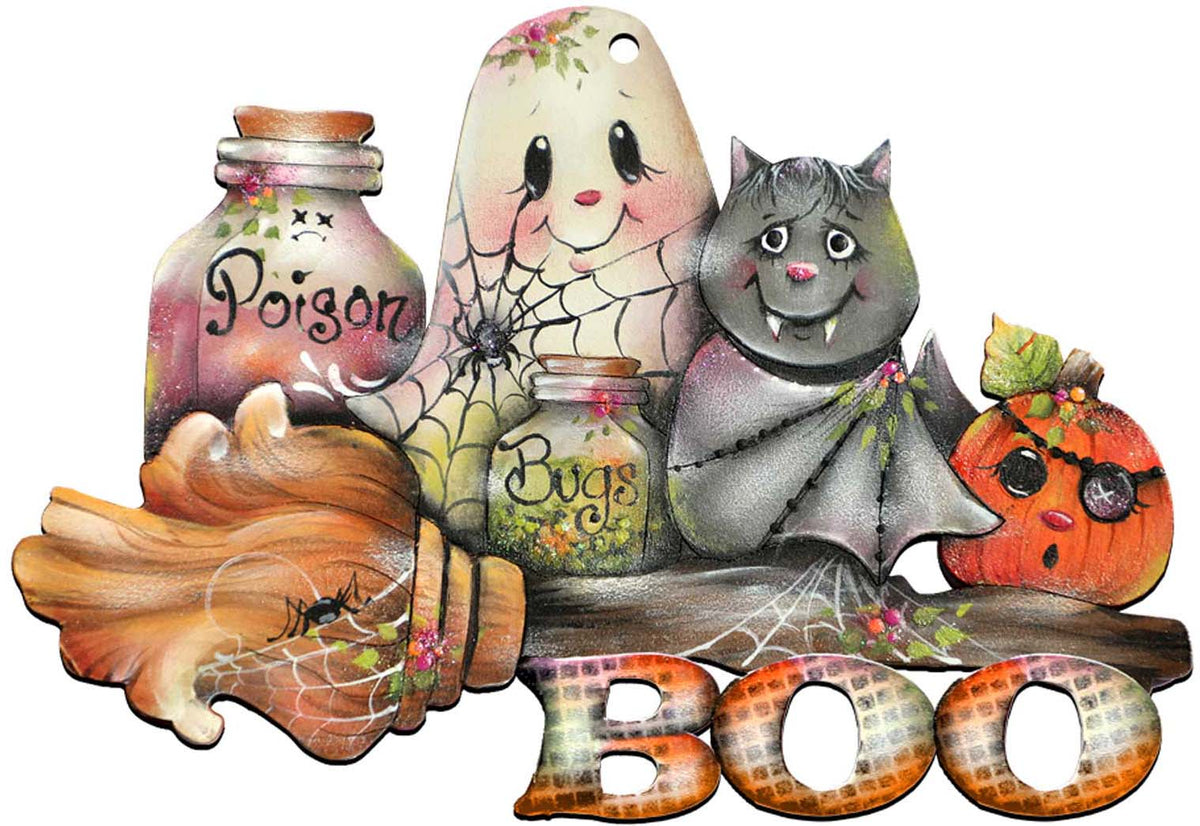 Brunhilda’s Broom Halloween Ghost & Pumpkin Door Hanger