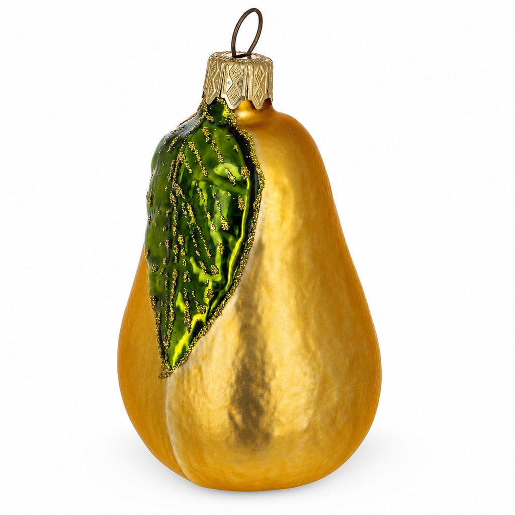 Golden Pear Glass Christmas Ornament with Green Leaf – 3.8"
