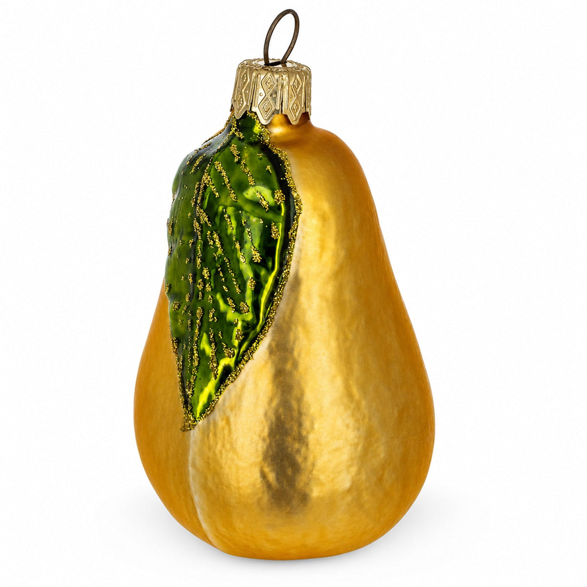 Golden Pear Glass Christmas Ornament with Green Leaf – 3.8"