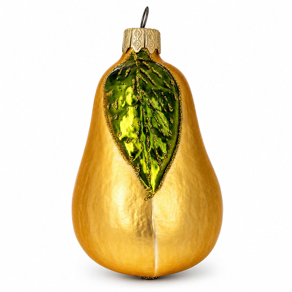 Golden Pear Glass Christmas Ornament with Green Leaf – 3.8"