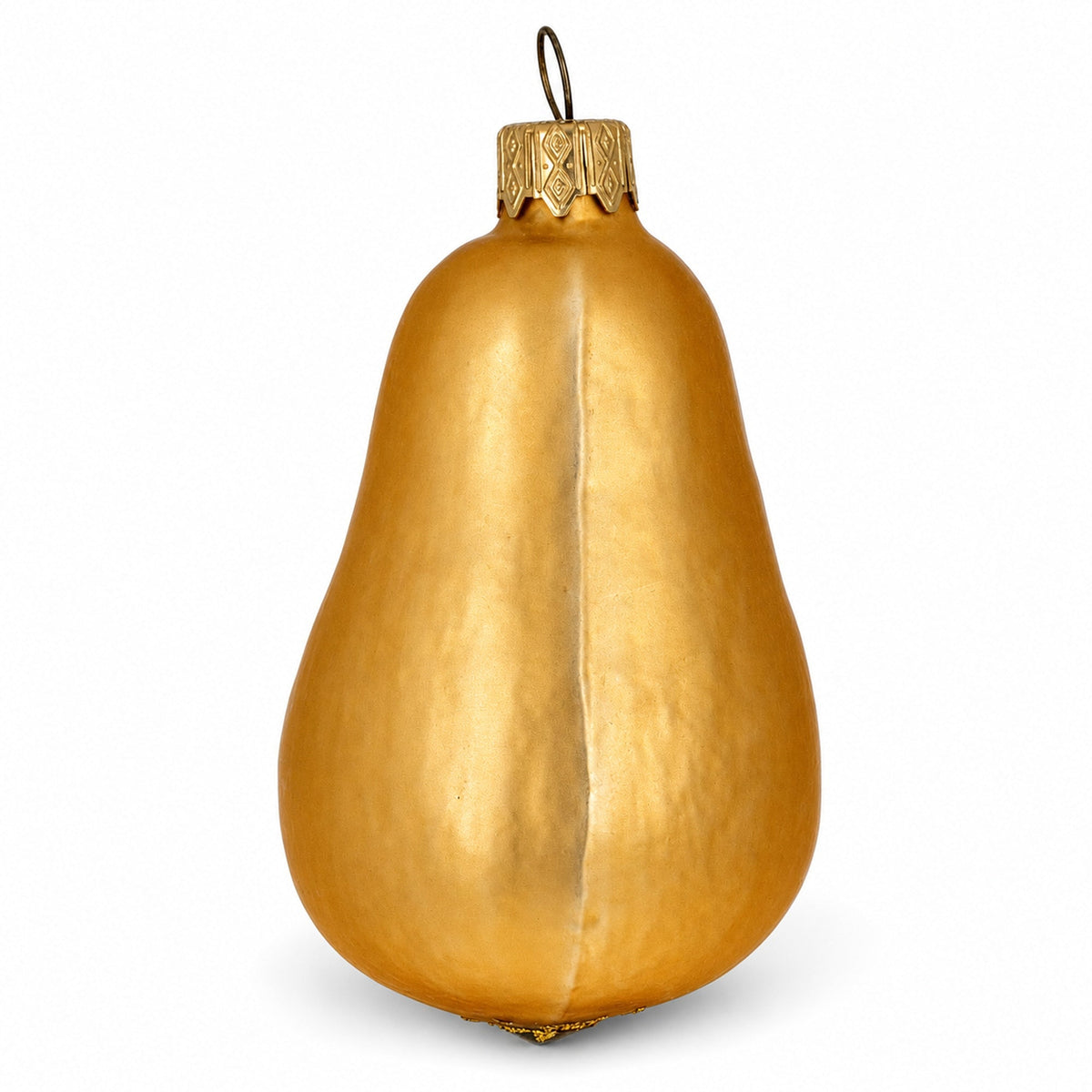 Golden Pear Glass Christmas Ornament with Green Leaf – 3.8"