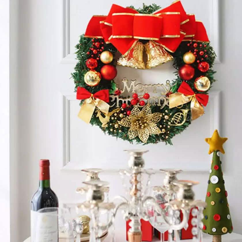 Classic Merry Christmas Holiday Wreath with Red Bow