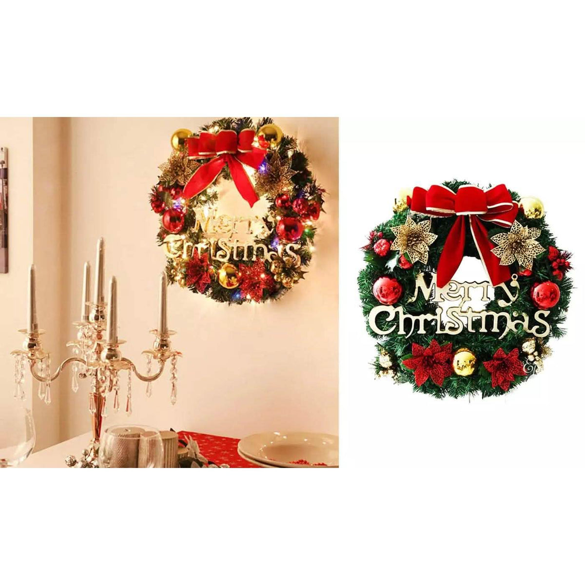 Classic Merry Christmas Holiday Wreath with Red Bow