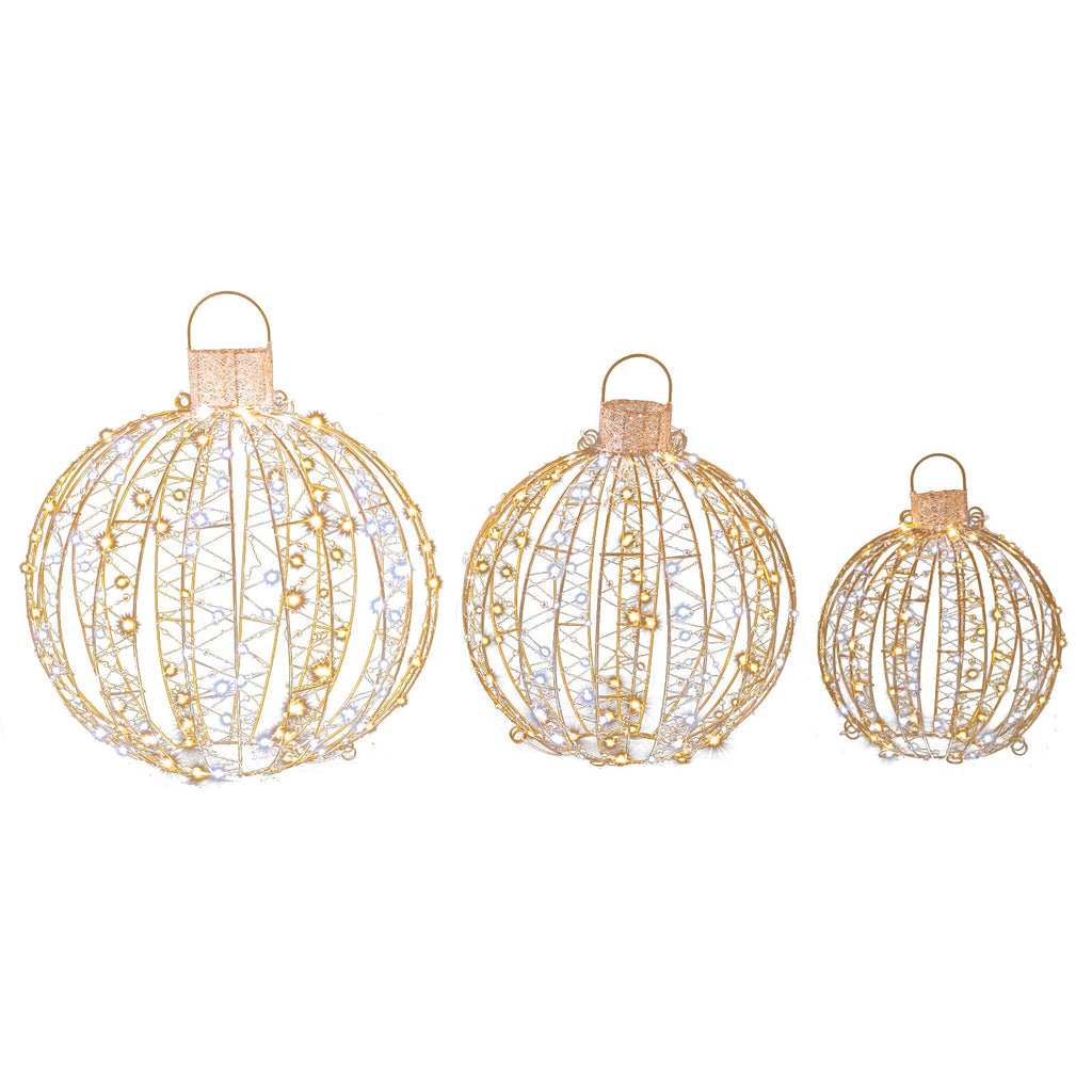 3-Piece Pre-Lit Golden Christmas Light Ball Set – 360 LEDs