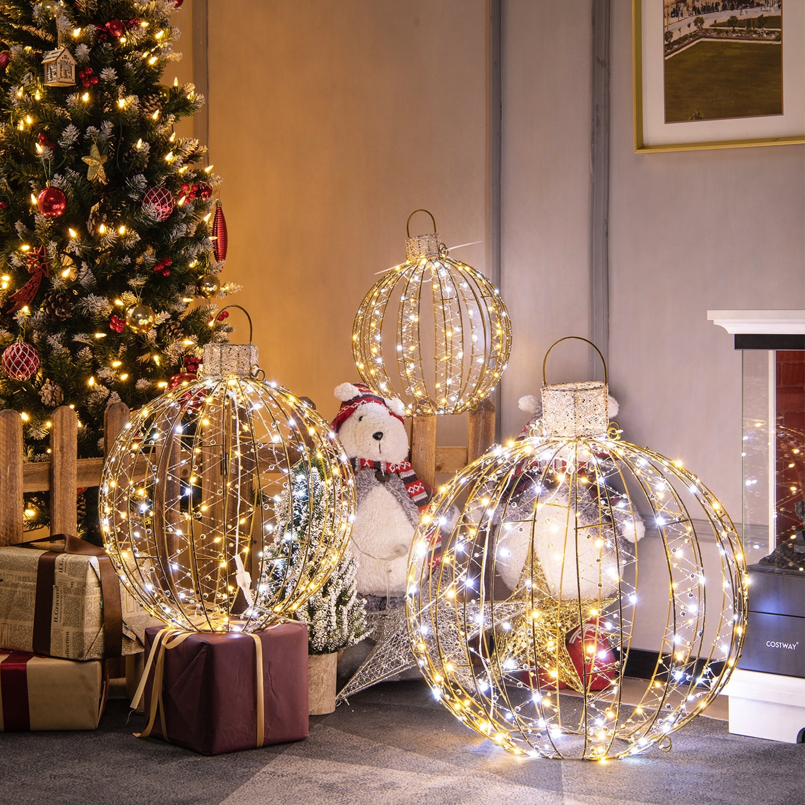 3-Piece Pre-Lit Golden Christmas Light Ball Set – 360 LEDs