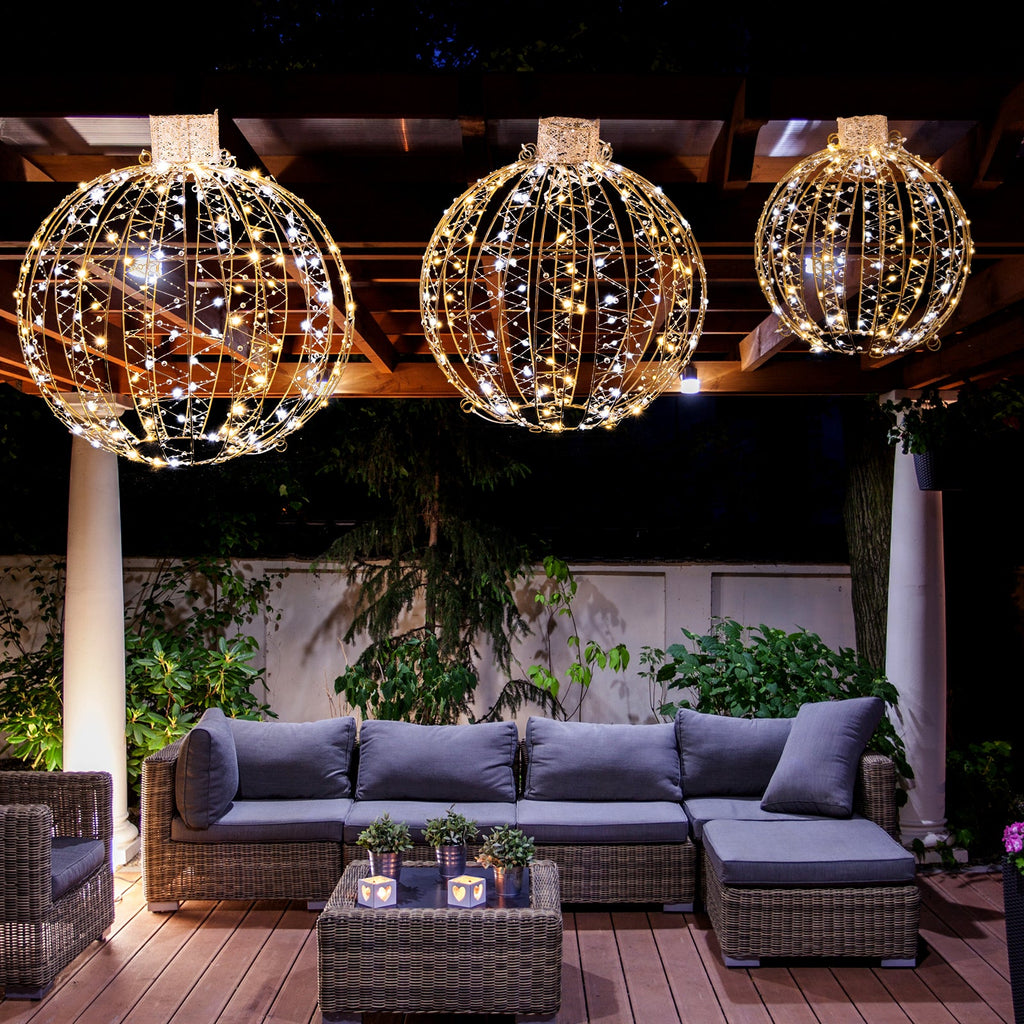 3-Piece Pre-Lit Golden Christmas Light Ball Set – 360 LEDs