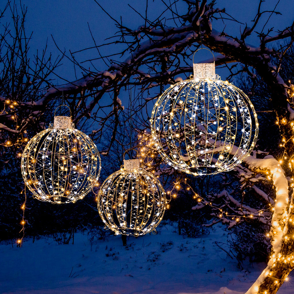 3-Piece Pre-Lit Golden Christmas Light Ball Set – 360 LEDs