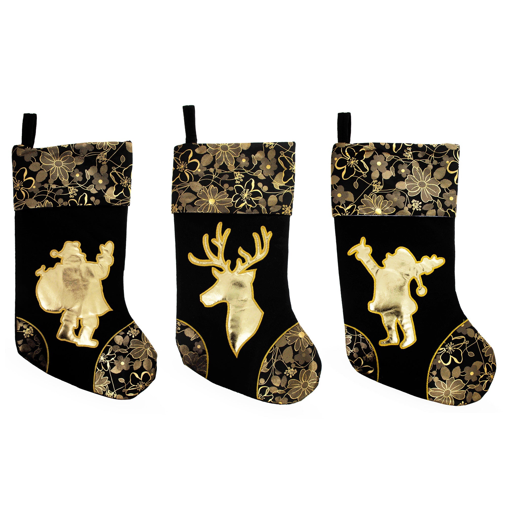 Sleigh All Day Black & Gold Christmas Stocking Set – Santa, Reindeer & Snowman – Set of 3