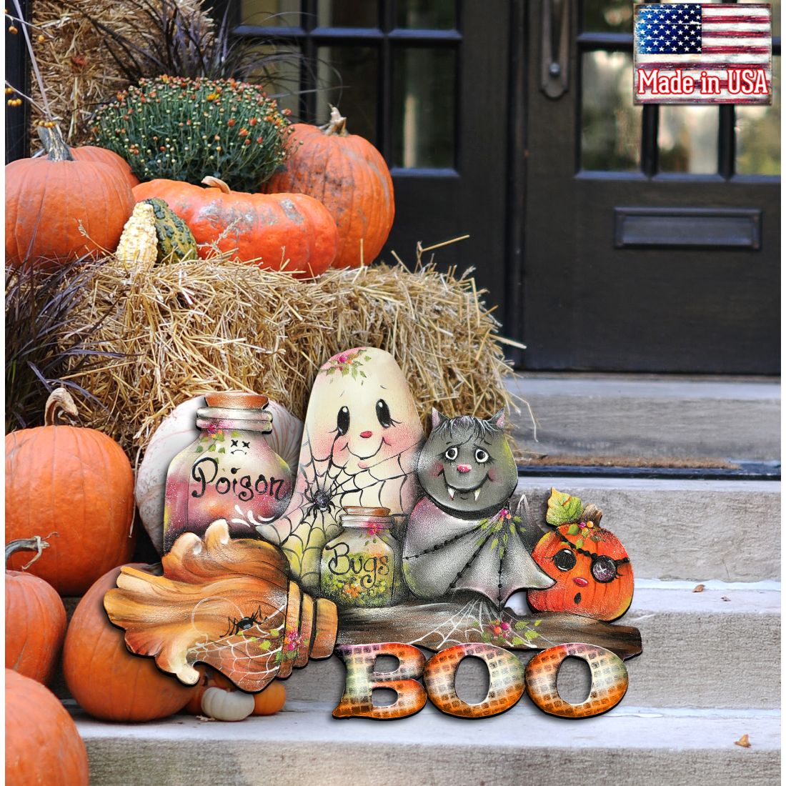 Brunhilda’s Broom Halloween Ghost & Pumpkin Door Hanger