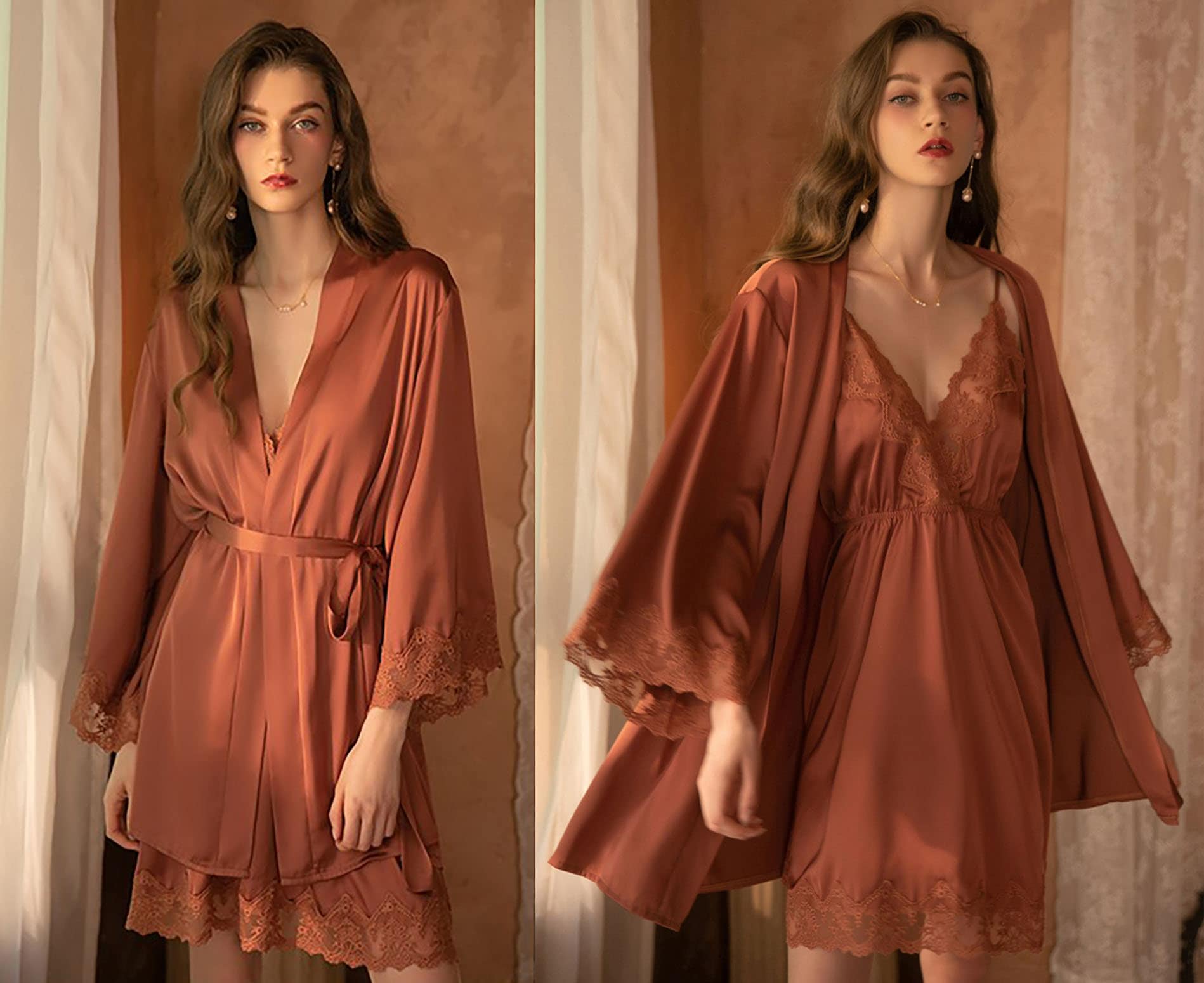 Seductive Lace Silky Robe & Lingerie Set – Sizes S–4XL
