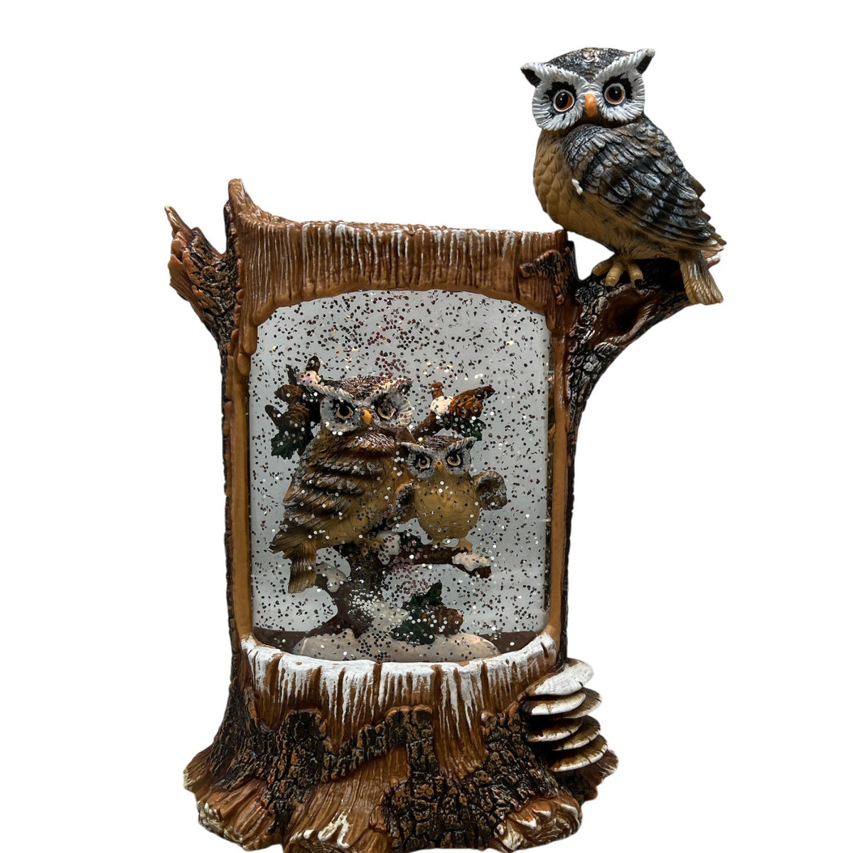 Lighted Holiday Owl Spinning Water Globe – 10"