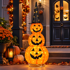 5-Foot Pre-Lit Halloween Pumpkin Stack with Witch Hat & 100 LED Lights