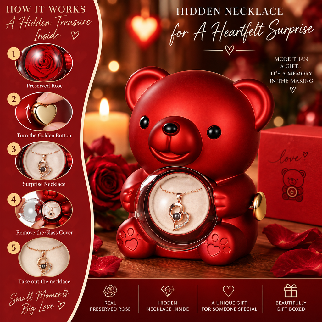 Eternal Love Rose Bear with Hidden Surprise Necklace