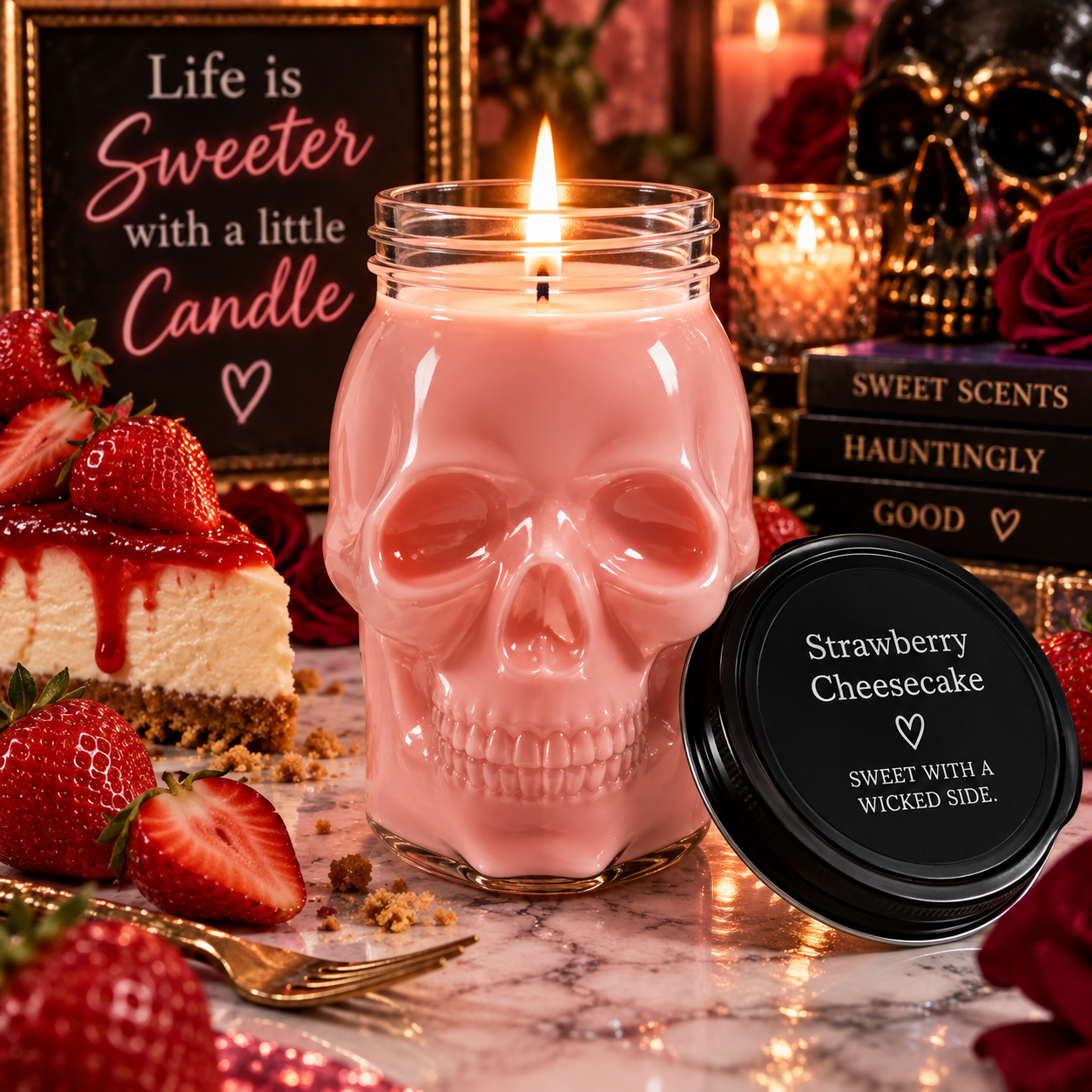 Strawberry Cheesecake™ Premium Skull Candle | 16.5 oz