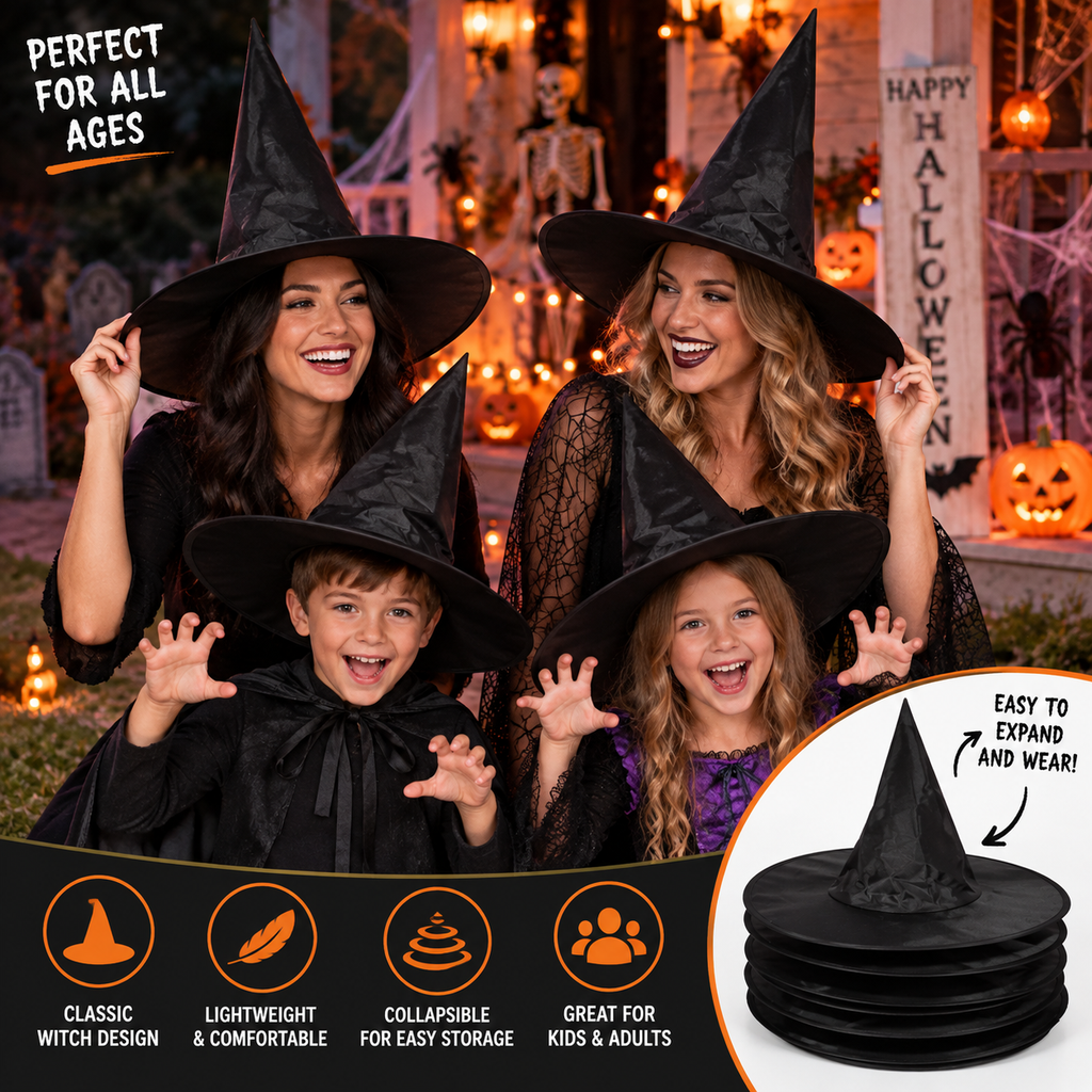 5-Piece Classic Black Witch Hat Set – Halloween Costume & Party Décor
