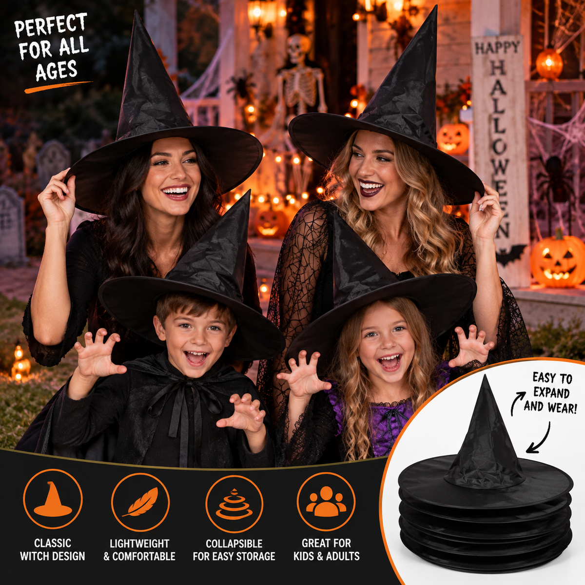 5-Piece Classic Black Witch Hat Set – Halloween Costume & Party Décor