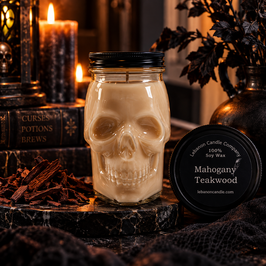 Mahogany Teakwood Premium Skull Candle | 16.5 oz