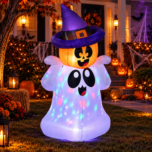 5FT Light-Up Halloween Ghost Inflatable with Witch Hat & Colorful LED Lights