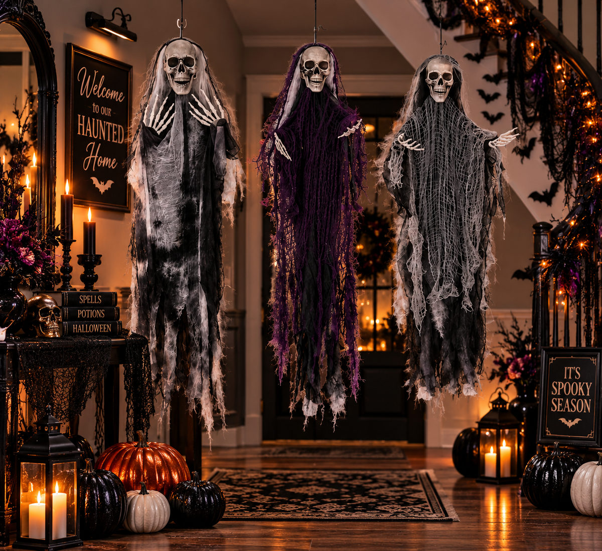 Haunted Trio Hanging Skeleton Ghosts – 3-Piece Halloween Décor Set