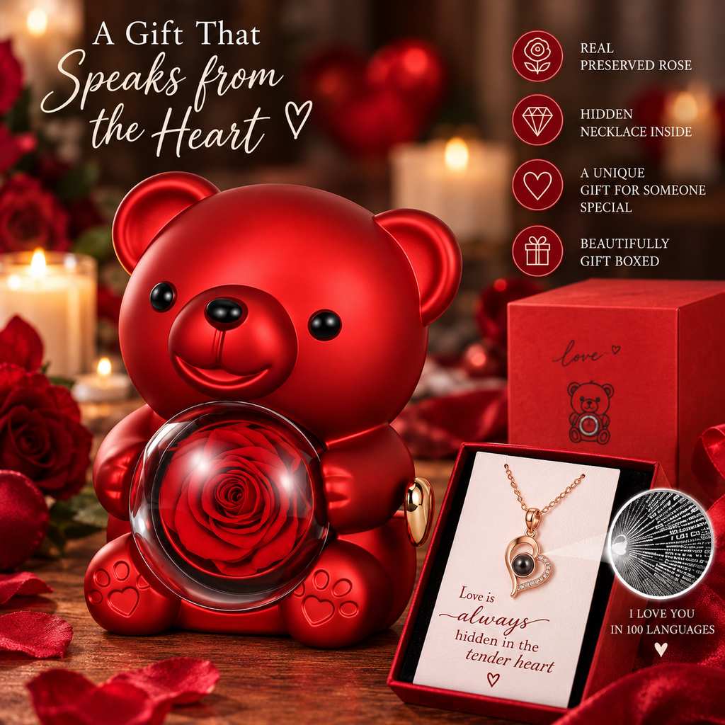 Eternal Love Rose Bear with Hidden Surprise Necklace