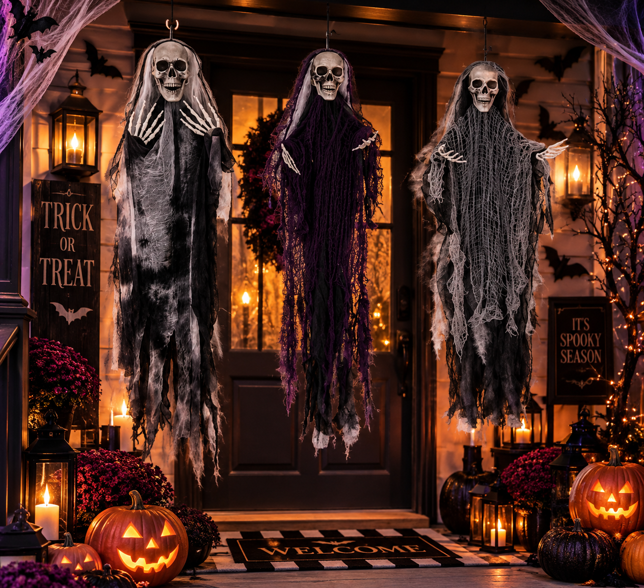 Haunted Trio Hanging Skeleton Ghosts – 3-Piece Halloween Décor Set