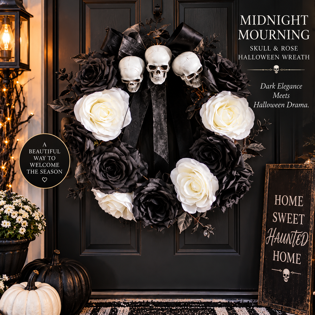 Midnight Mourning Skull & Rose Halloween Wreath