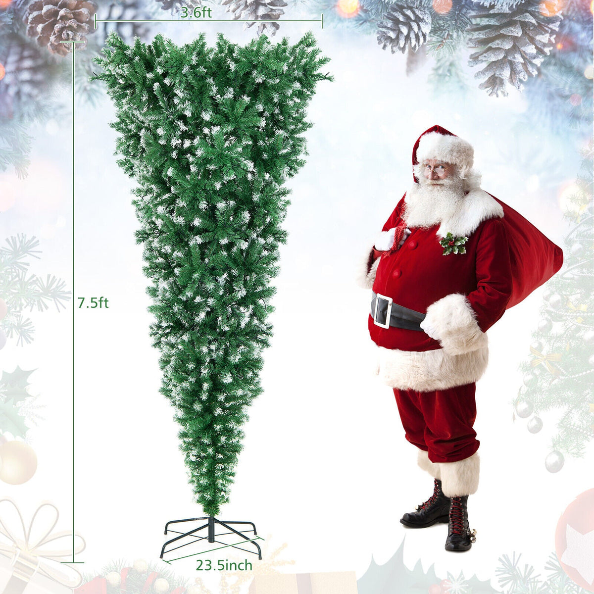 7.5 FT Pre-Lit Snowy Upside-Down Christmas Tree – 400 Warm White LED Lights