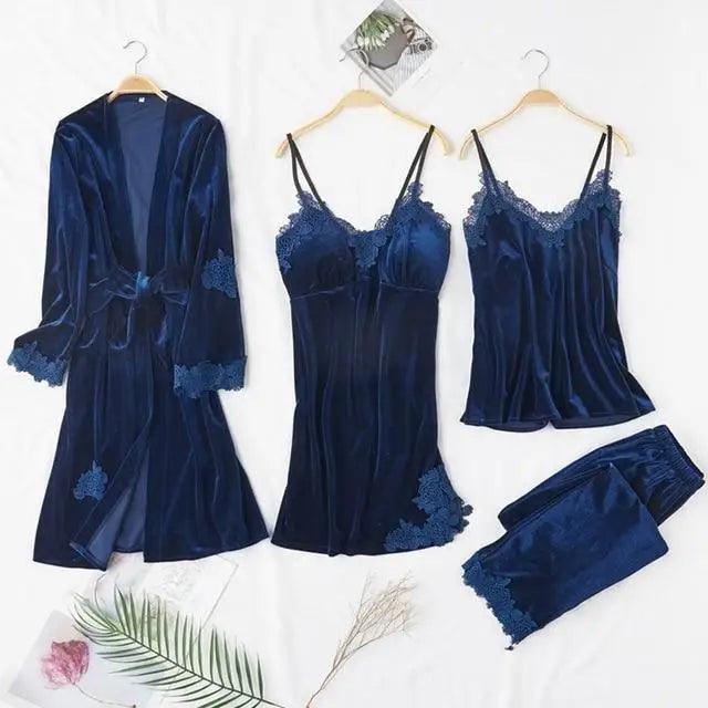 Luxe Satin 4-Piece Lace Pajama & Robe Set