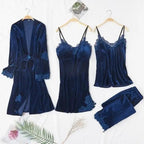 Luxe Satin 4-Piece Lace Pajama & Robe Set