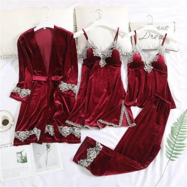 Luxe Satin 4-Piece Lace Pajama & Robe Set